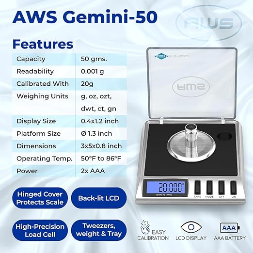 AWS Gemini-50 Milligram Scale 50g x 0.001g – Digital Jewelry/Lab Scale for Powder, Gold, Gems – Includes Calibration Weights, Tweezers & Tray – Tare, Cal, 6 Units, Pocket Size Mg Scale (Black)