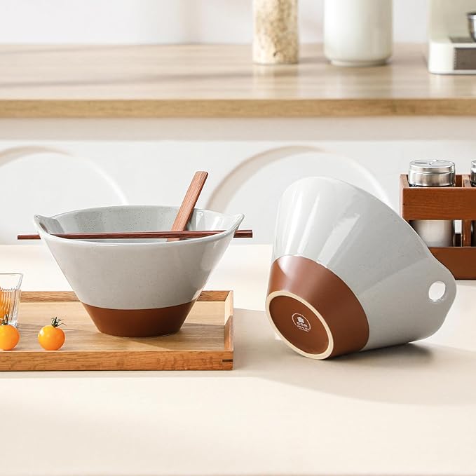 MALACASA 42 oz Ceramic Ramen Bowl Set with Wooden Spoon & Chopsticks, Japanese Style Soup Bowls for Ramen, Pho, Noodles – Set of 2, Microwave & Dishwasher Safe, Series TARA (Gray and Khaki)
