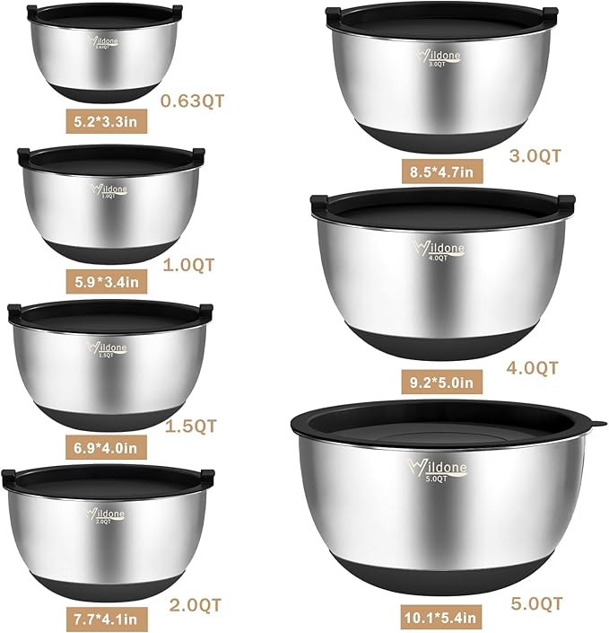 Wildone Mixing Bowls with Airtight Lids, 27 PCS Stainless Steel Nesting Bowls, with 3 Grater Attachments, Scale Mark & Non-Slip Bottom, Size 5, 4, 3, 2, 1.5, 1, 0.63QT, Ideal for Mixing & Prepping