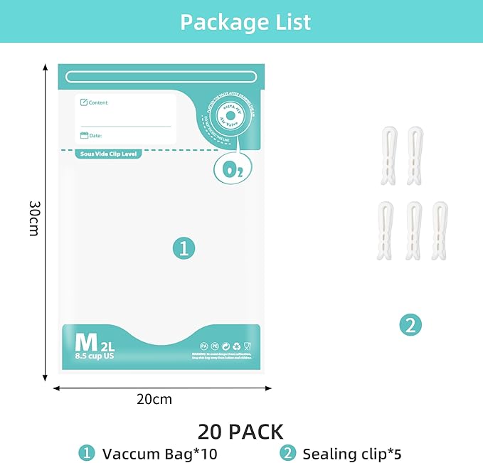 Sous Vide Bags Reusable, 20 PCS BPA Free Food Vacuum Sealer Bags, Double-sided 20C, Vacuum Zipper Bag for Sous Vide Cooking, 20pcs food storage bags & 4 Seal Clips (7.9x 11.8 Inch)