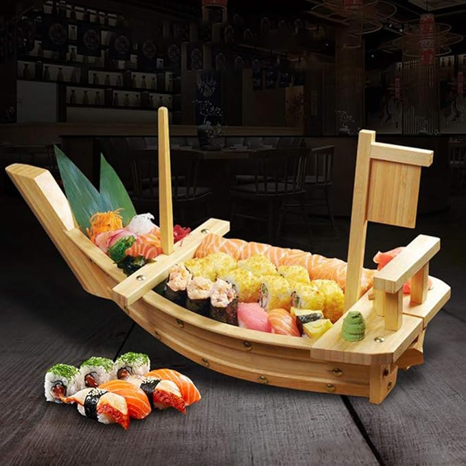 Kichgather 20" Wooden Sushi Serving Tray Boat Plate for Restaurant or Home