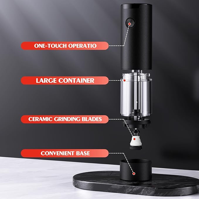 Electric Salt and Pepper Grinder Set Automatic Battery Pepper Mill Shakers Adjustable Coarseness Easy Filling Upgraded Larger Capacity with Led (1 Pack Black)