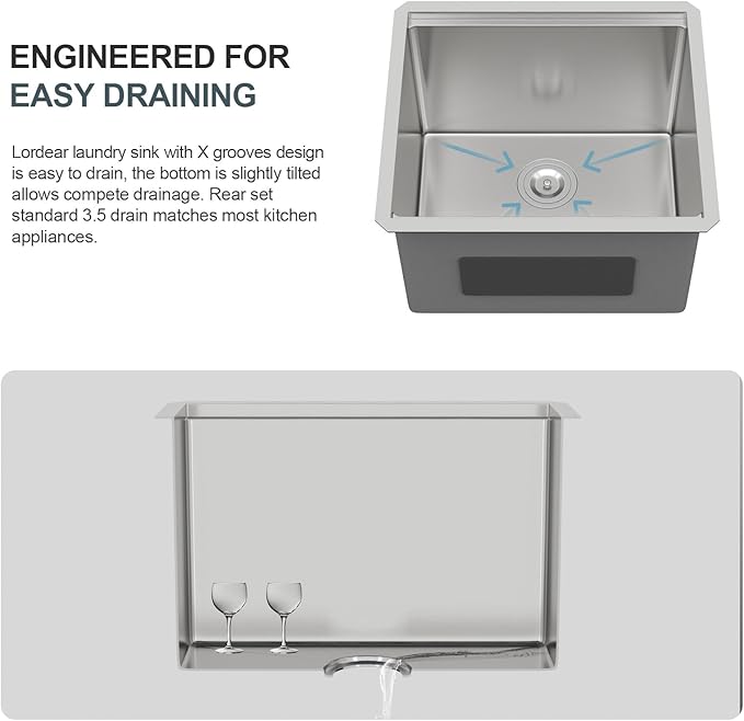 Lordear 23 Inch Laundry Room Sink Undermount 16 Gauge Stainless Steel Single Bowl 13 Inch Deep Handmade Utility Sink with Full Cutting Board, 23" x 19" x 13"