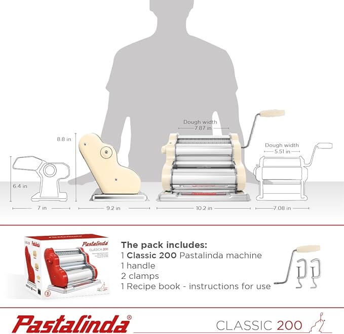 PASTALINDA Classic 200 Pasta Maker Machine, 20 cm Wide Rollers, 9 Thickness Positions, 2 Cutting Positions, Stainless Steel. Includes Reinforced Hand Crank And Two Clamps