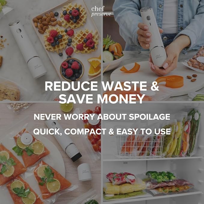 Chef Preserve Compact Vacuum Sealer for Food (Vacuum Sealer Machine + 30 Reusable Vacuum Bags) Powerful Handheld Vacuum Sealer Machine, Seal Meal Saver, Portable Food Sealer