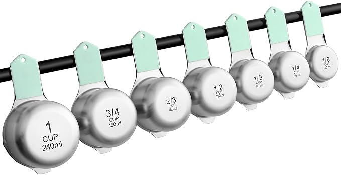 Spring Chef Magnetic Stainless Steel Measuring Cups, Patented, Kitchen Tools with Easy to Read Markings for Measuring Dry or Liquid Ingredients, Set of 7, Mint