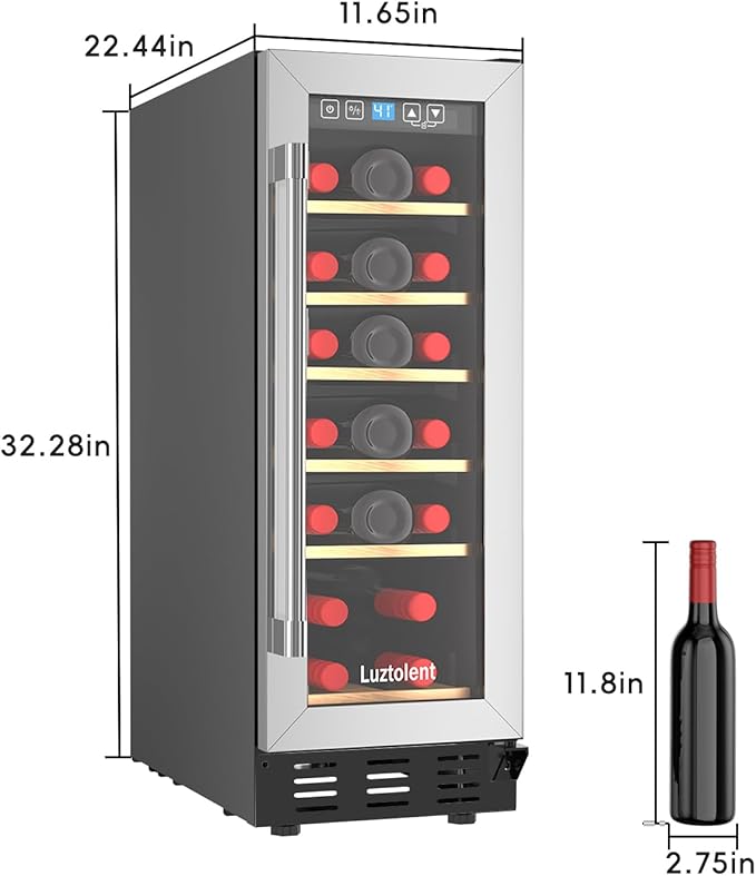19 Bottles Wine Fridge,12 Inch Wine Cooler with Single Zone, Built-in or Under Counter,41-64°F Thermostat, LED Digital Touchscreen, Triple-Layer Tempered Glass, Wine Storage for Home