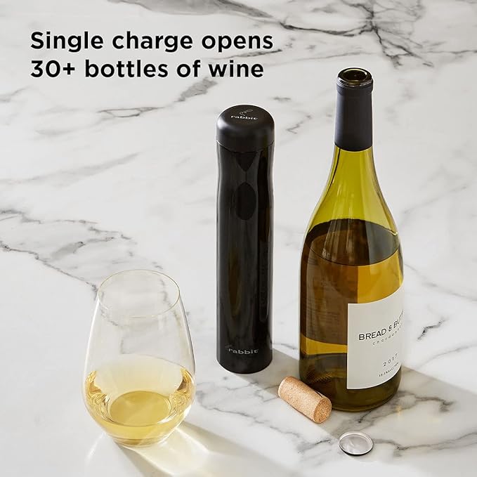 Rabbit Automatic Electric Corkscrew Wine Opener, Cordless Rechargeable, One-Touch Operation, Sleek Shiny Black Finish, Easy to Use for Wine Lovers