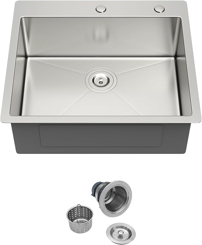 25 Drop In Kitchen Sink - 25 x 22 Inch Stainless Steel Kitchen Sinks Topmount 16 Gauge Single Bowl Above Counter Handmade Bar Sink with Offset Drainer