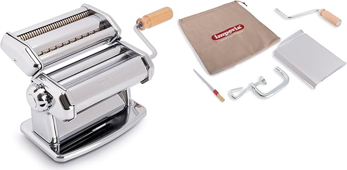 Imperia Pasta Maker Machine- 100% Made in Italy, Heavy Duty Steel Construction, Easy Lock Dial, Wood Grip Handle & Cleaning Brush- Fresh Homemade Italian Spaghetti Fettuccine or Lasagna (Classic Line)