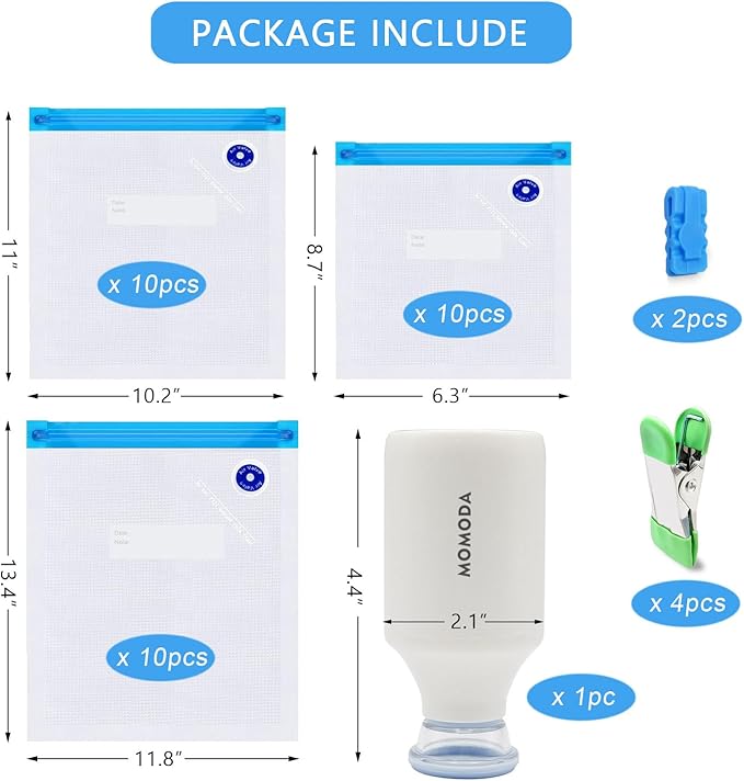 MOMODA Sous Vide Cooking Bags - Set of 30 | BPA-Free Reusable Vacuum Seal Bags with Air Valve for Joule and Anova Cookers | Freezer Safe Vacuum Food Storage Bags with Upgraded Electric Pump Included