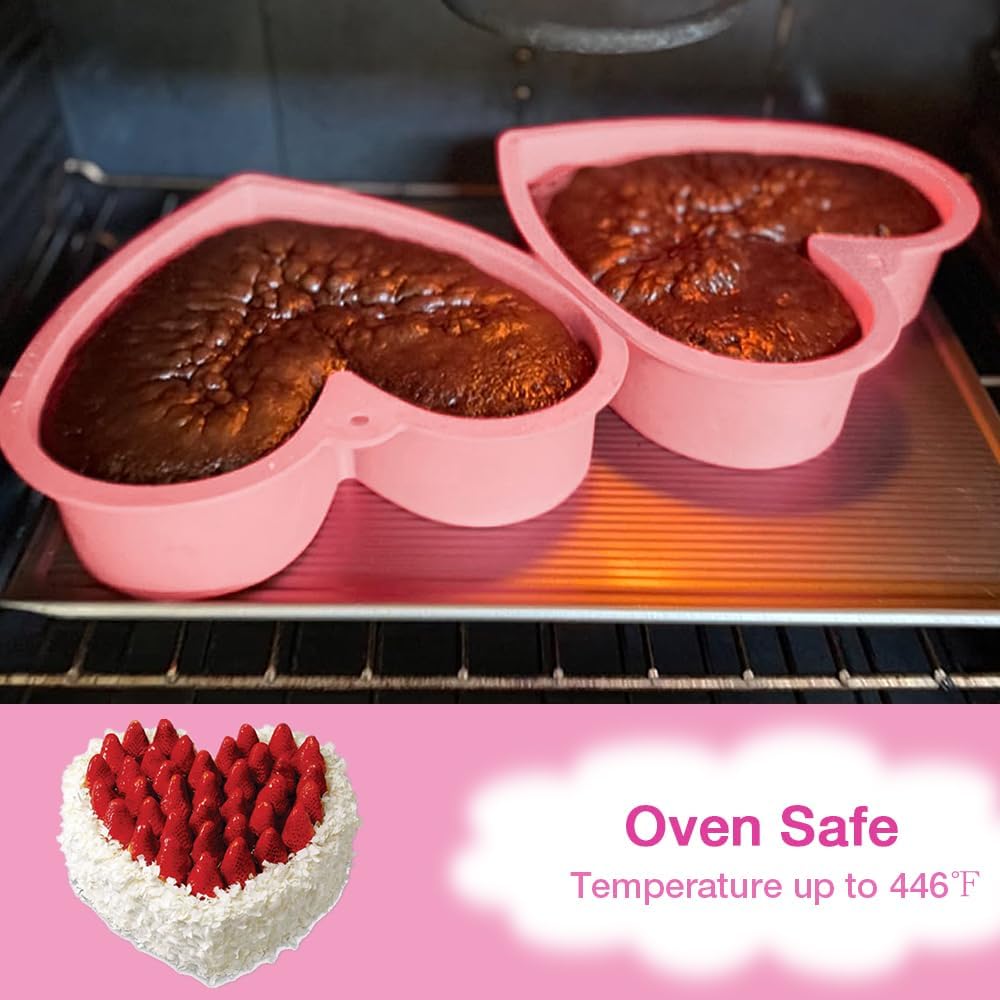 Alimat PluS Silicone Heart Shaped Cake Pans, 2pcs Heart Cake Pan 8 Inch with Hanging Hole(Pink)