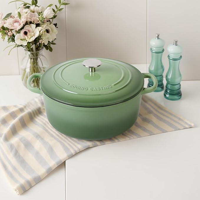 Enameled Dutch Ovens Cast Iron Dutch Oven Pot with Lid for Bread Baking, Cook, Dual Handle, 7 Quart, Pistachio Green