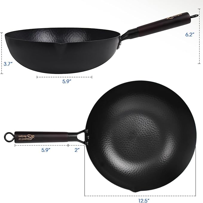 12.5 Inch Carbon Steel Wok For Electric, Induction and Gas Stoves (Lid, Spatula and User Guide Video Included)
