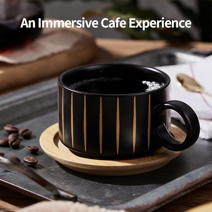 LUKA Porcelain Espresso Cup with Saucer and Metal Stand, 6 Ounce Stackable Ceramic Demitasse Espresso Mugs Cappuccino Cups Set for Latte,Coffee,Cafe Mocha,Tea(Set of 4)