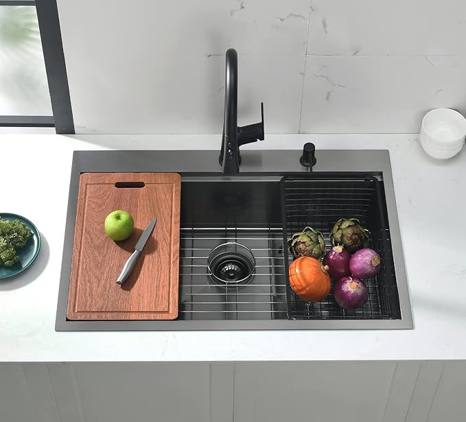 33 Inch Drop In Black Kitchen Sink, Doirteal 33x22 Inch Top Mount Kitchen Sink 16 Gauge Gunmetal Black Stainless Steel Single Bowl Workstation Sinks 33 Drop In Sinks