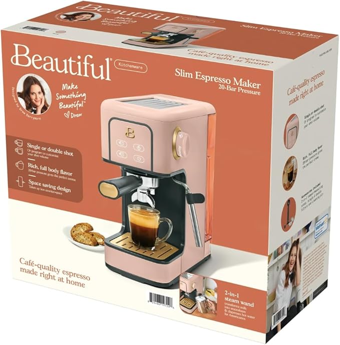 Beautiful Slim Espresso Maker by Drew Barrymore – 20‑Bar Pressure, Dual‑Spout 52 mm Portafilter, 50 oz Removable Tank, 2‑in‑1 Steam Wand & Touch Controls (Rose)