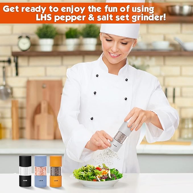 LHS Premium Salt and Pepper Grinder Set, Stainless Steel Salt Pepper Shakers Set, Refillable Peppercorn Grinder and Sea Salt Mill with Adjustable Coarseness for Kitchen Use - 4.6 Inches(Set of 4)