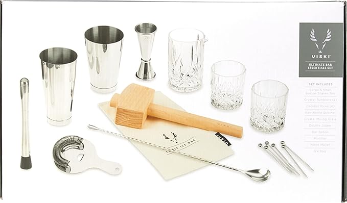 Viski Bartender Kit and Barware Set Includes Boston Cocktail Shakers, Mixing Glass, Jigger, Muddler, Strainer, Bar Spoon, Whiskey Glasses, Ice Bag, Mallet, and Cocktail Picks, Home Bar Gifts, 17-Piece