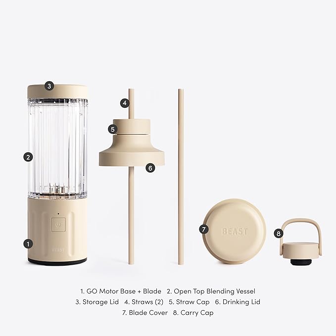 Beast GO Cordless, Premium Portable Blender for Shakes & Smoothies, 22oz Blending Vessel, Blends Ice & Frozen Fruit, Rechargeable USB-C Battery, Drinking Lid and Straw System (Sand)