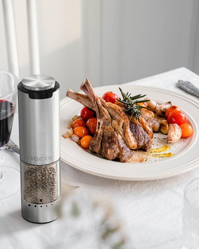 CIRCLE JOY Rechargeable Electric Salt and Pepper Grinder Set with Base, Stainless Steel Pepper Mills with 95ml Container, White LED Light and External Adjustable Coarseness, Silver
