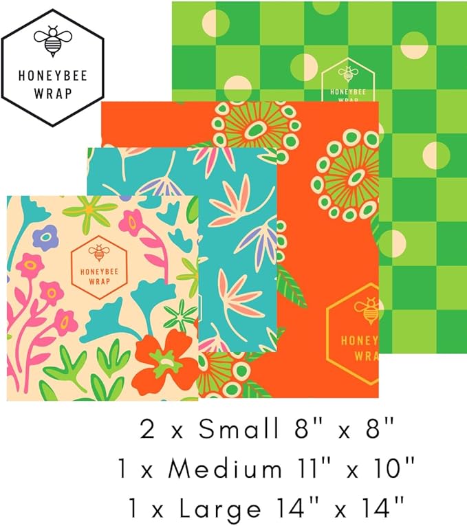 Honeybee Beeswax Wraps - Cheese Lovers Assorted Pack - Certified Organic Cotton Reusable Beeswax Wraps for Food - Plastic Wrap & Sandwich Bags Alternative - 4 Pack - Small, Medium & Large