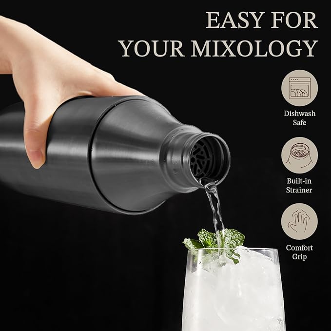 Kitessensu Hybrid Cocktail Shaker | Vacuum Insulated Stainless Steel Martini Shaker with Double Wall Martini Cup | Integrated Measuring System | Tumbler Lid & Cocktail Recipes Included | Matte Black