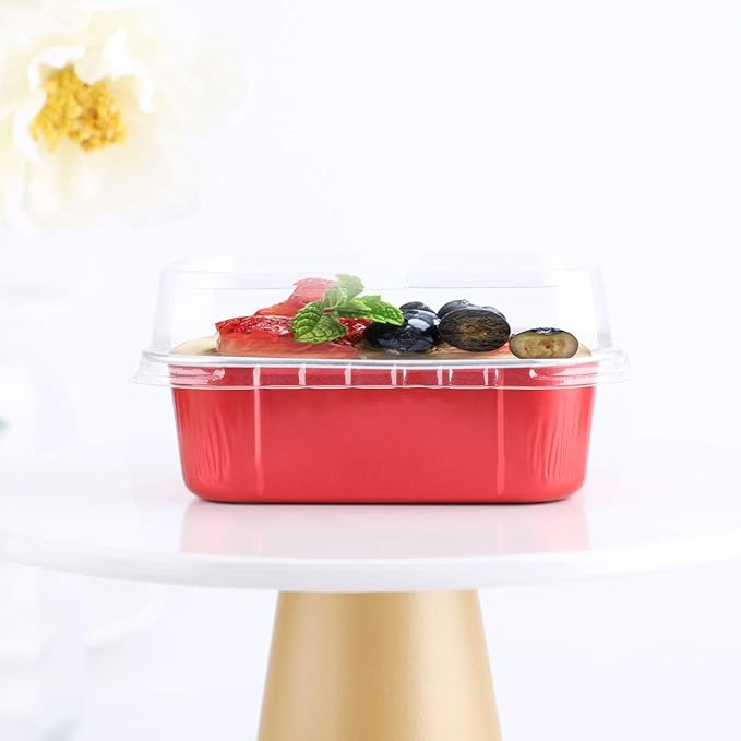 EUSOAR Cupcake Cups with Lids, 5.7oz 50pcs Disposable Desserts Flan, Baking Cups with Lids, Aluminum Foil Desserts Cupcake Flan, Catering Gathering Shower Favor-Red