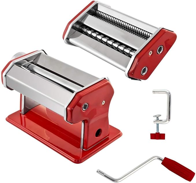 GOURMEX Stainless Steel Manual Pasta Maker Machine | With Adjustable Thickness Settings | Perfect for Professional Homemade Spaghetti and Fettuccini | Includes Removable Handle and Clamp (Red)