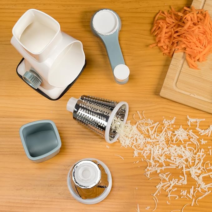 KEOUKE Rotary Cheese Grater Hand Crank White - Shredder Slicer Grinder 3 Stainless Steel Blades, Stable Suction, Labor-Saving Handle, Safe Kitchen Tool for Cheese, Vegetable, Nuts, Chocolate