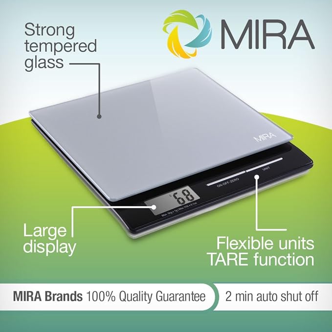 MIRA 11 lb Digital Food Scale - Glass Platform with Multi-Unit Measurement - Easy One-Touch Tare Function