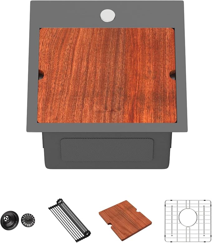 Lordear Bar Sink 15 Inch Black Drop In Kitchen Sinks Stainless Steel Bar Sink 16 Gauge Single Bowl Topmount Small Prep RV Sinks Square Basin