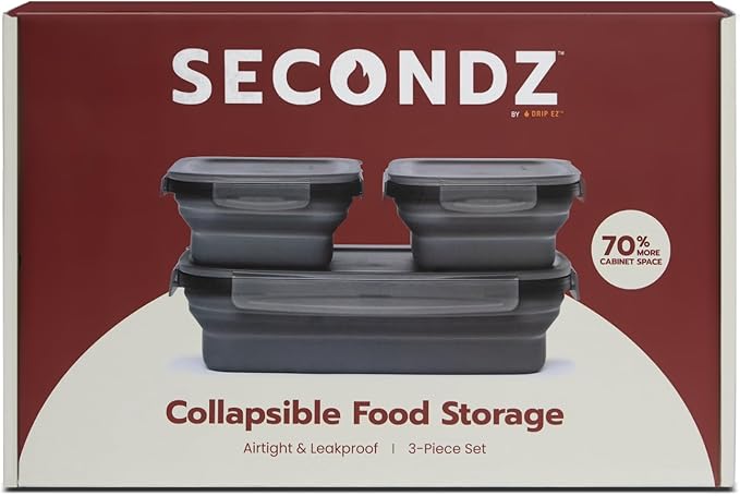 Drip EZ Secondz Collapsible Food Storage Containers (set of 3) - Meal Prep, Leftovers, Lunch, Camping, Hiking - Dishwasher & Microwave Safe - BPA-free Silicone - Locking Lids - Charcoal
