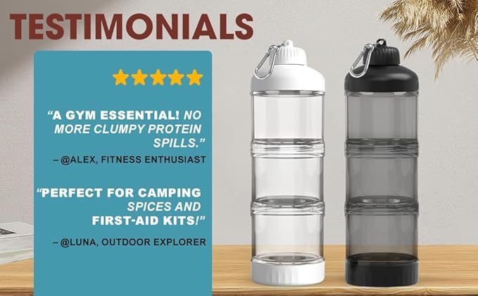 BYLWORKOUT 3 Layers Protein Travel Container with Funnel and Keychain | Cute Protein and Kitchen Storage Containers | Clear Plastic Kitchen Grade Box Organisers for Workout and Travel (Black)