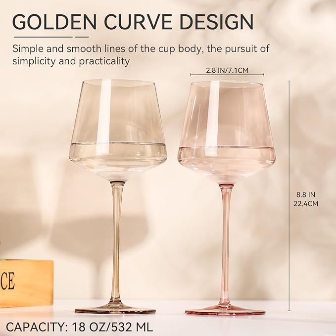Colored Wine Glasses Set of 6-18oz【Hand Blown】colored Wine Glasses with Stem-Colored Wine Glass