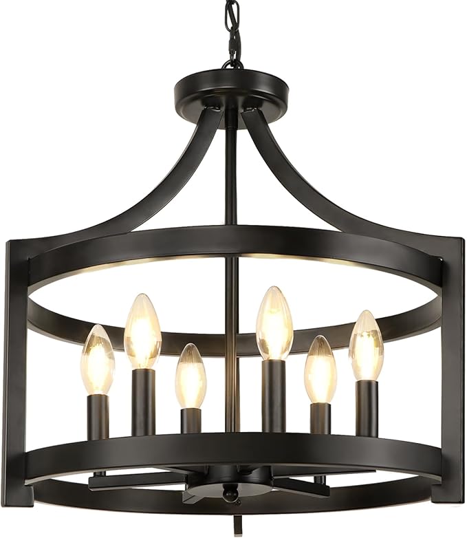 6-Light Black Chandelier, Modern Hanging Pendant Lighting, Convertible Semi Flush Mount Ceiling Light Fixture Rustic Vintage Farmhouse Chandeliers for Dining Room Kitchen Foyer Entryway