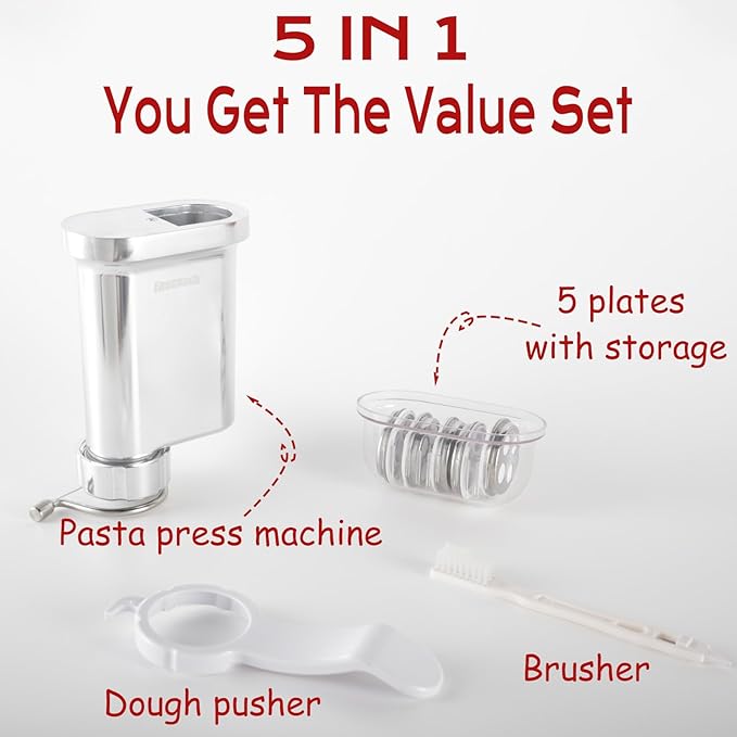 Metal Gourmet Pasta Press Attachment for KitchenAid Stand Mixer – Durable Pasta Maker Attachment with 5 Interchangeable Plates for Spaghetti, Bucatini, Fusilli, Large & Small Macaroni