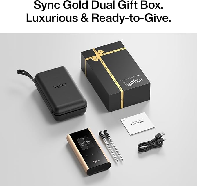 Typhur Sync Gold Dual Gift Set, WiFi Wireless Meat Thermometer with 2 Slim Probes & Storage Case, 6 Sensors, 10x Stronger Signal, Smart Base, ยฑ0.5โ Accuracy, Grill BBQ Christmas Gifts for Men