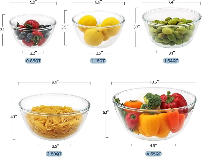 5pc Glass Mixing Bowls Sets (4.65QT, 2.80QT, 1.64QT, 1.16QT, 0.85QT), Glass Nesting Kitchen Thick Bowl for Baking, Cooking Prep, Storage, Large Salad Bowls Sets-Dishwasher Microwave Freezer Safe