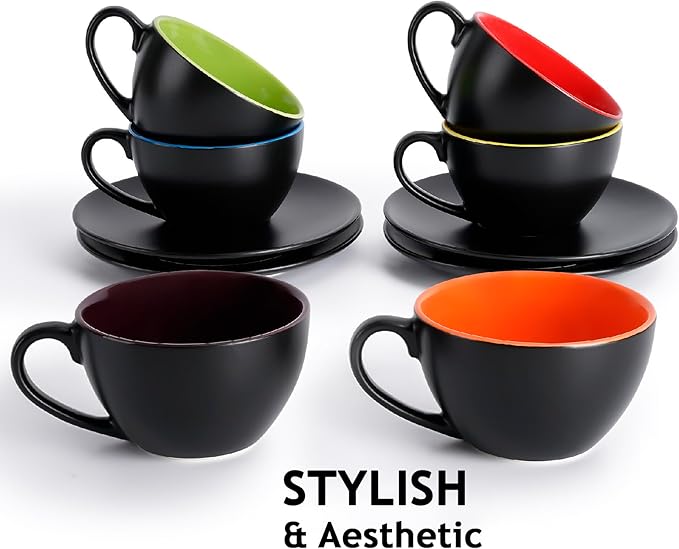 MIAMIO - Set of 6, Ceramic Stackable Cappuccino Cups Set / 6 Ounce Cappuccino Mugs and Saucer with Metal Stand for Coffee Drinks, Cafe, Latte, Americano and Tea - Le Papillon Collection (Mixed)