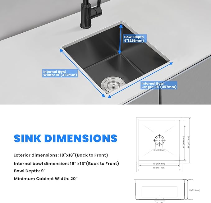 18 Inch Undermount Kitchen Sink, POPLFY 18×18 Inch Undermount 304 Stainless Steel Single Bowl Bar or Prep Sink, 18 Gauge 9 Inch Deep Small Sink, Black(18×18×9)