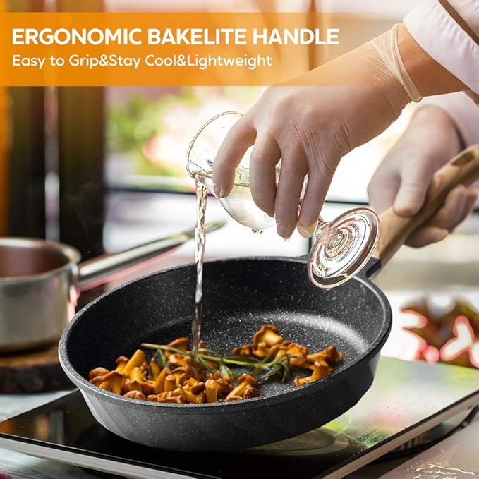 Non Stick Frying Pan Set - Stone Skillet Set, Kitchen Omelette Pans, Induction Chef' Pan Grainte Cookware Set, Nonstick Frying Pans with Lid(8inch&9.5inch&11inch)