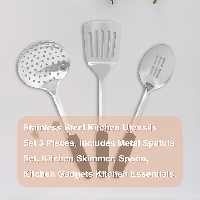 3-Piece Cooking Utensils Set Stainless Steel Large Serving Spoons Set Slotted Spoon Spatula Turner Skimmer Commercial and Residential Use Dishwasher Safe