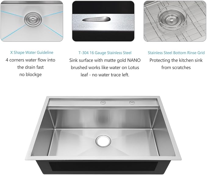 33 Inch Kitchen Sink Drop In - Lordear 33x22 inch Stainless Steel Kitchen Sink Drop-in Topmount 16 Gauge Single Bowl Workstation Kitchen Sinks with Accessories