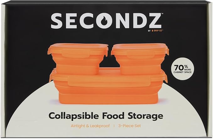 Drip EZ Secondz Collapsible Food Storage Containers (set of 3) - Meal Prep, Leftovers, Lunch, Camping, Hiking - Dishwasher & Microwave Safe - BPA-free Silicone - Locking Lids - Orange