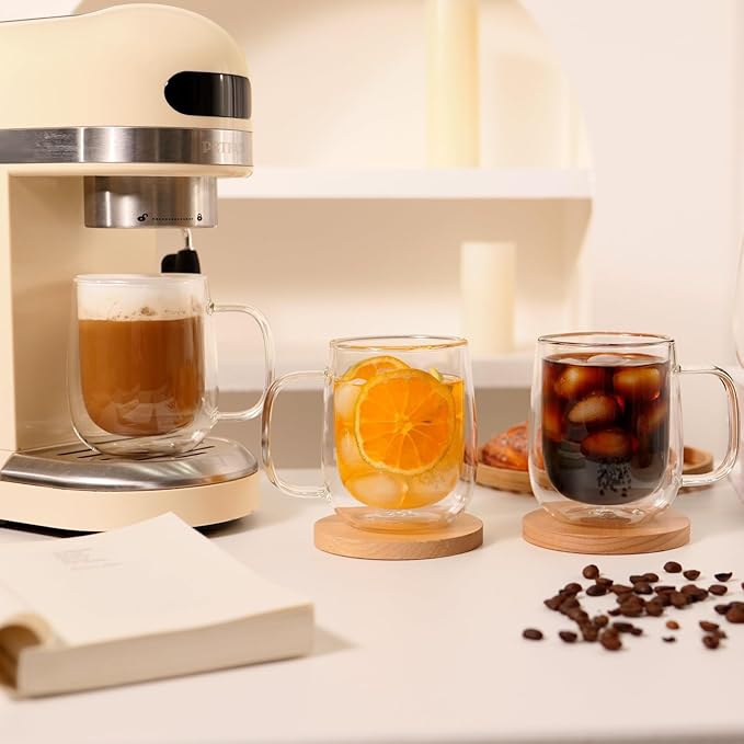 CNGLASS Large Double Wall Glass Coffee Mug 15.2oz,Clear Insulated Glass Espresso Cup with Big Handle,set of 2