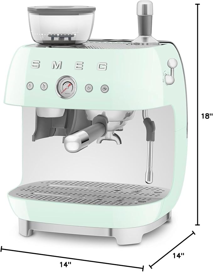 Smeg EGF03 Semi-Automatic Espresso Machine with Built-In Grinder, Dual Thermoblock, 50’s Retro Style – Pastel Green (120 V)