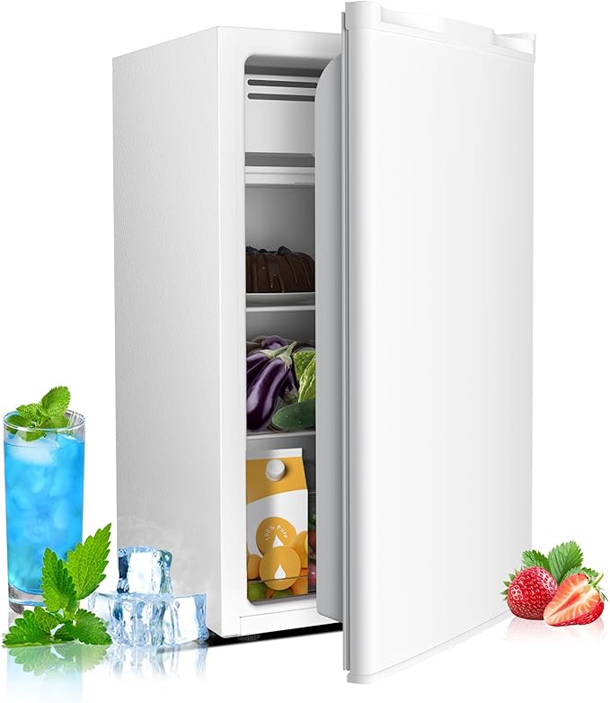 3.2 Cu.ft Mini Fridge with Freezer, Compact Refrigerator with Reversible Single Door, Adjustable Thermostat, Low Noise, Energy Efficient for Office, Dorm, Bedroom, Apartment (WHITE)