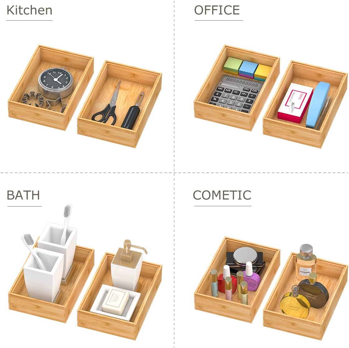 Bamboo Kitchen Drawer Organizer,Stackable Silverware Tray Utensil Organizer Cutlery Holder for Kitchen,Wooden Storage Box for Bathroom, Multi-Use Storage Bins Boxs Dividers for Office(9x6x2.5 inch)