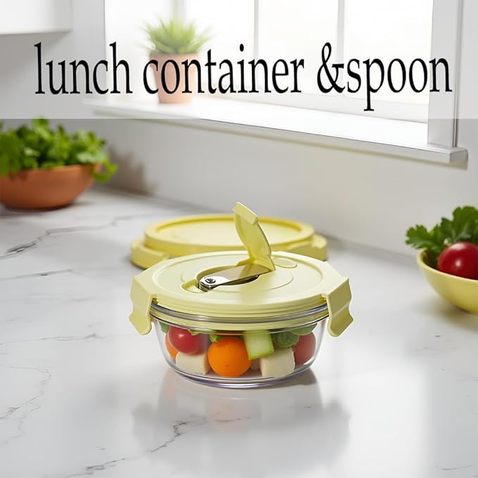 1.5 Cup Round Glass Food Containers with Lids and Folding spoon, Round Small Food Containers with lids, 12OZ Glass Lunch Bowls for Office Meals, Microwave, Freezer, Dishwasher Safe (4 Pack)